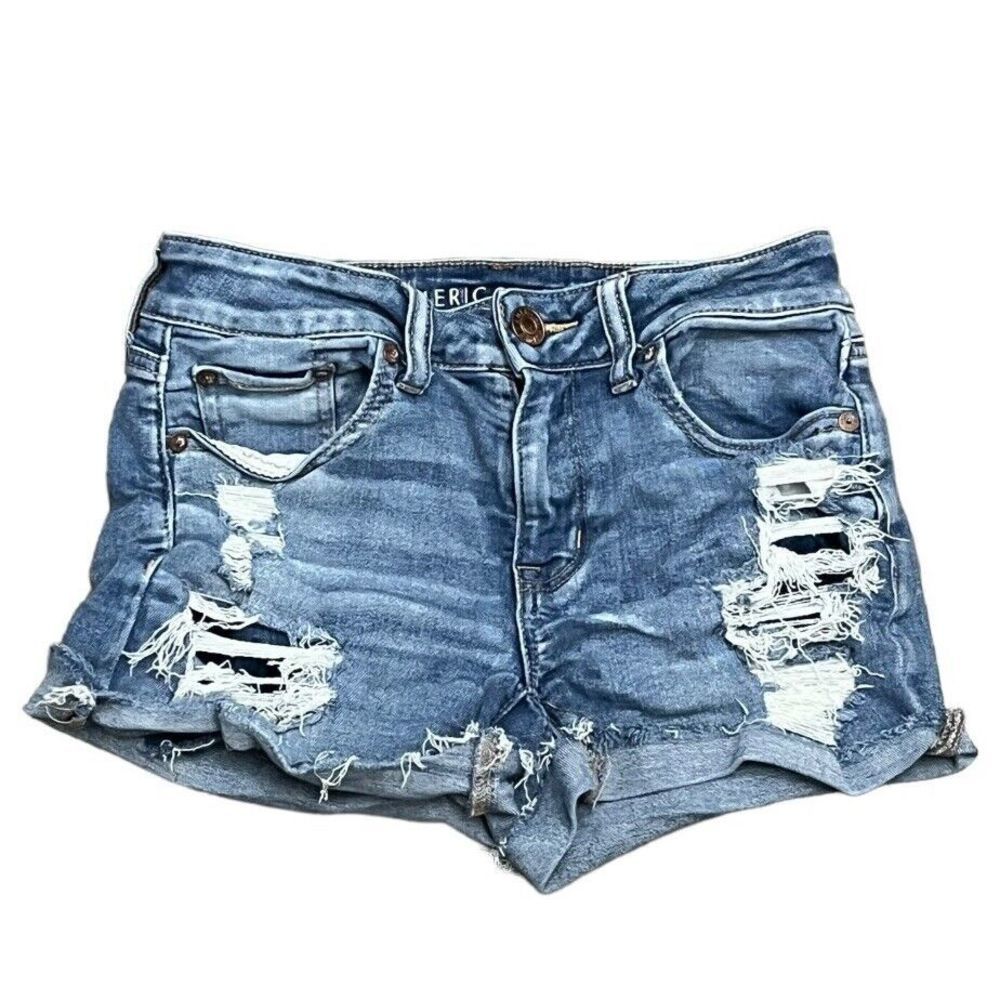 American Eagle Blue Ne(x)t Level Stretch Distressed Midi Jean Shorts Size 2 - Picture 1 of 10